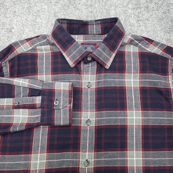 UNTUCKit Shirt Mens Large Red Navy Plaid Alentejo Slim Fit Cotton Button Down - Picture 1 of 16